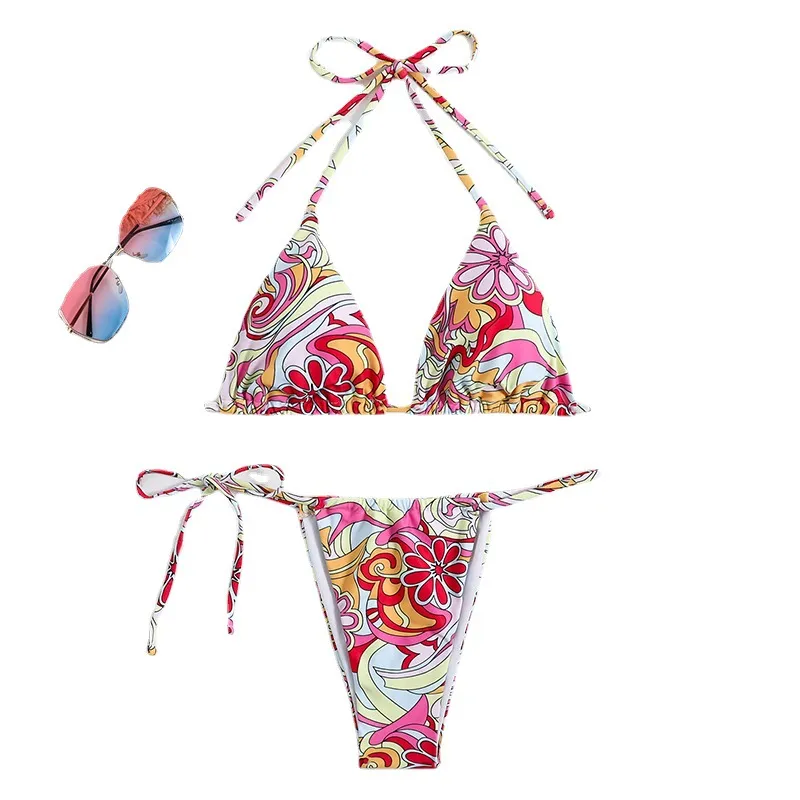 Triangle Printed Bikini For Women With Separate System And Hanging Neck Swimsuit - Multicolor
