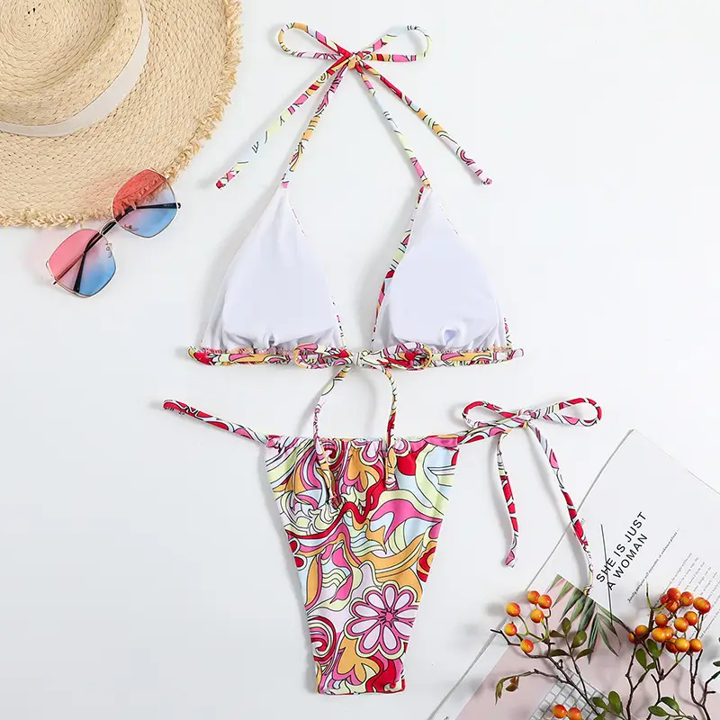 Triangle Printed Bikini For Women With Separate System And Hanging Neck Swimsuit
