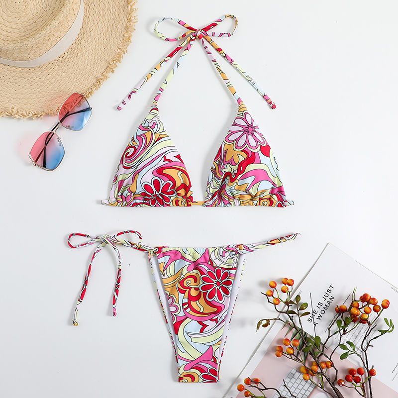 Triangle Printed Bikini For Women With Separate System And Hanging Neck ...