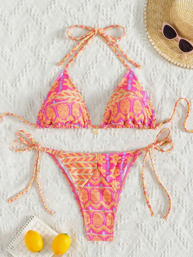 Split Bikini Printing Stitching Bandage Swimsuit Pink - Shop at LoveMi