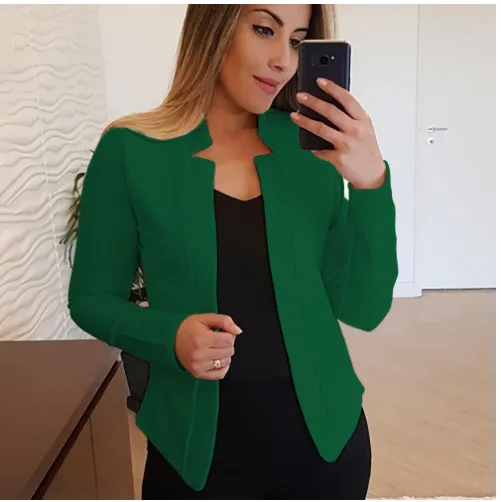 Small Suit Long Sleeve Solid Color Cardigan Coat Top - Green