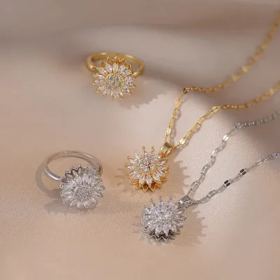 Classic Charm Sunflower Flower Stainless Steel Necklace Earrings Fashion Exquisite Micro Seed Jewelry Ring