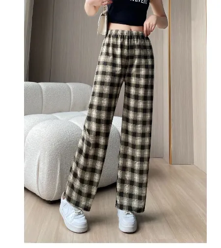 Women's Spring Thin Loose And Casual Plaid Trousers High Waist - Coffee