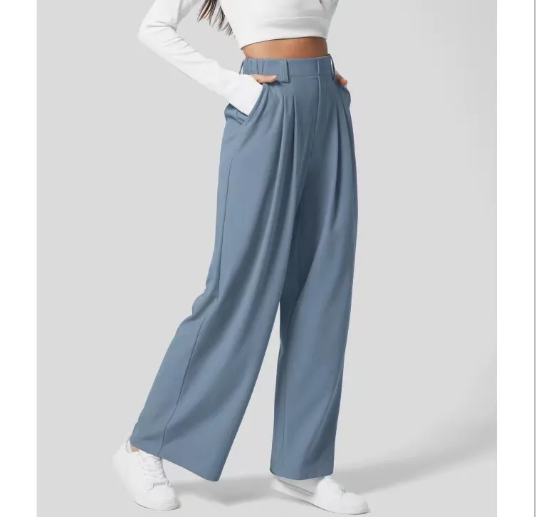 High Waist Straight Loose-fit Tappered Trousers Casual Simple - Sea Blue