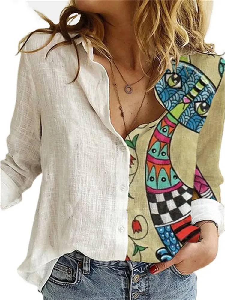 Loose Animal Cat Print Long-sleeved Shirt