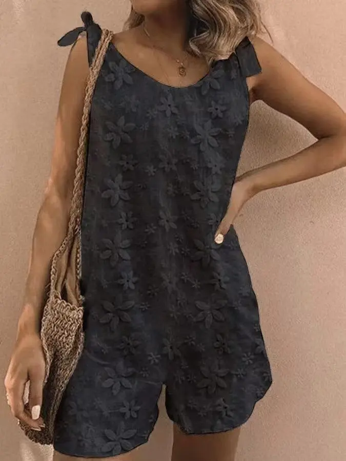 Casual And Sweet Lace Bow Shoulder Strap Jumpsuit - Black