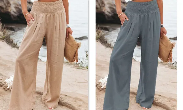 Women's Pants Casual Wide Leg Cotton Linen Loose Trousers Grey And Khaki - Shop at LoveMi