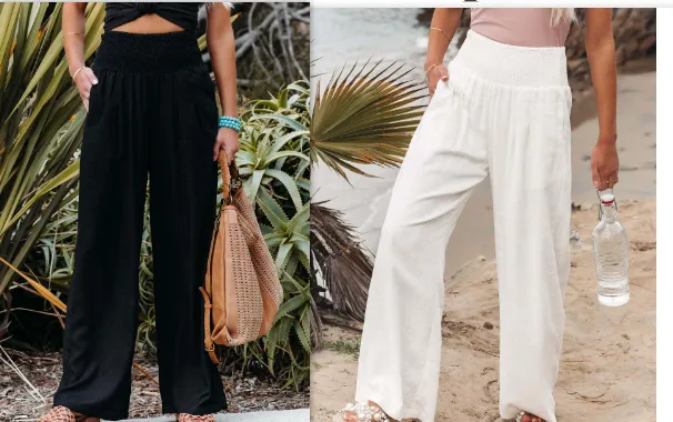 Women's Pants Casual Wide Leg Cotton Linen Loose Trousers White And Black - Shop at LoveMi