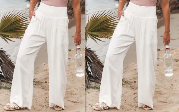 Women's Pants Casual Wide Leg Cotton Linen Loose Trousers - White