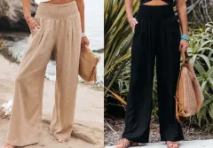Women's Pants Casual Wide Leg Cotton Linen Loose Trousers - Khaki And Black - View 1
