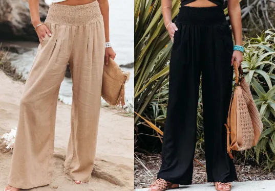 Women's Pants Casual Wide Leg Cotton Linen Loose Trousers Khaki And Black - Shop at LoveMi