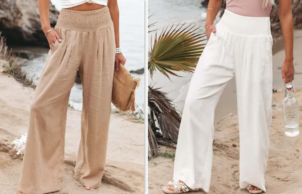 Women's Pants Casual Wide Leg Cotton Linen Loose Trousers White And Khaki - Shop at LoveMi
