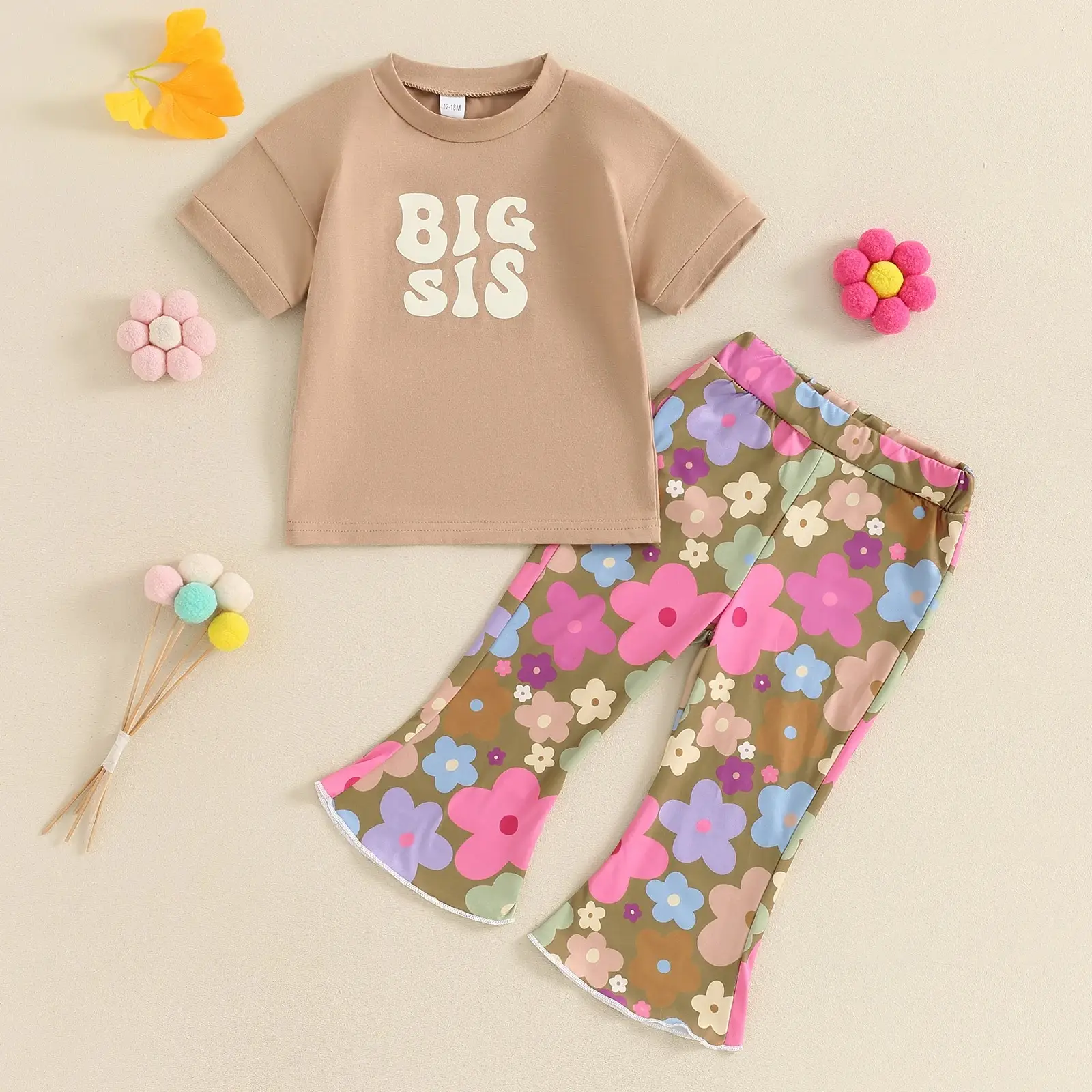Girls Letter Flower Print Short Sleeve Flared Pants Suit