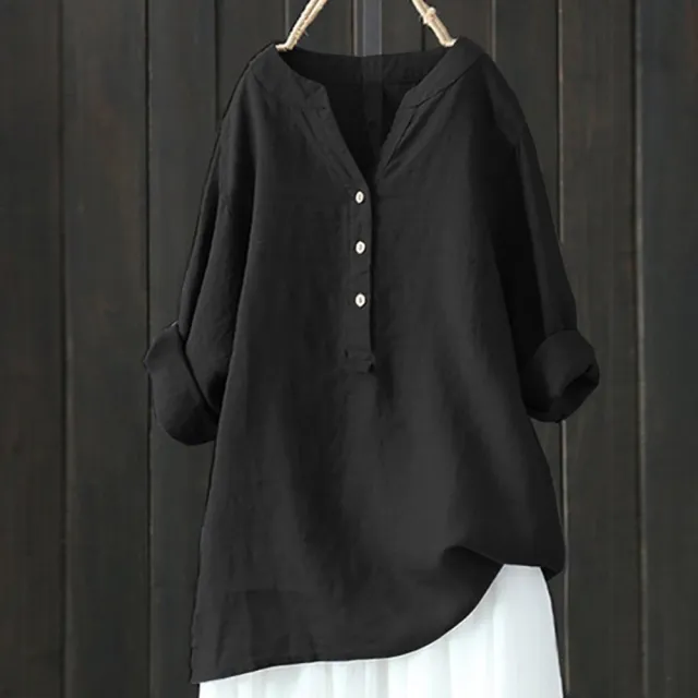 Loose Solid Color Stand Collar Button Long Sleeve Cotton And Linen Top Dark Grey - Shop at LoveMi