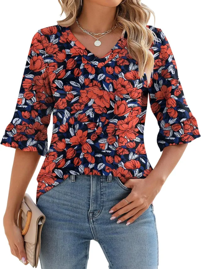 34 Flare Sleeve V neck Casual Loose fitting T shirt Top Women Red Flowers - Shop at LoveMi