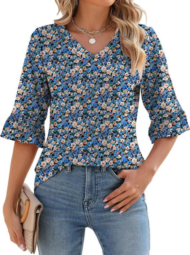 34 Flare Sleeve V neck Casual Loose fitting T shirt Top Women Blue Flowers - Shop at LoveMi