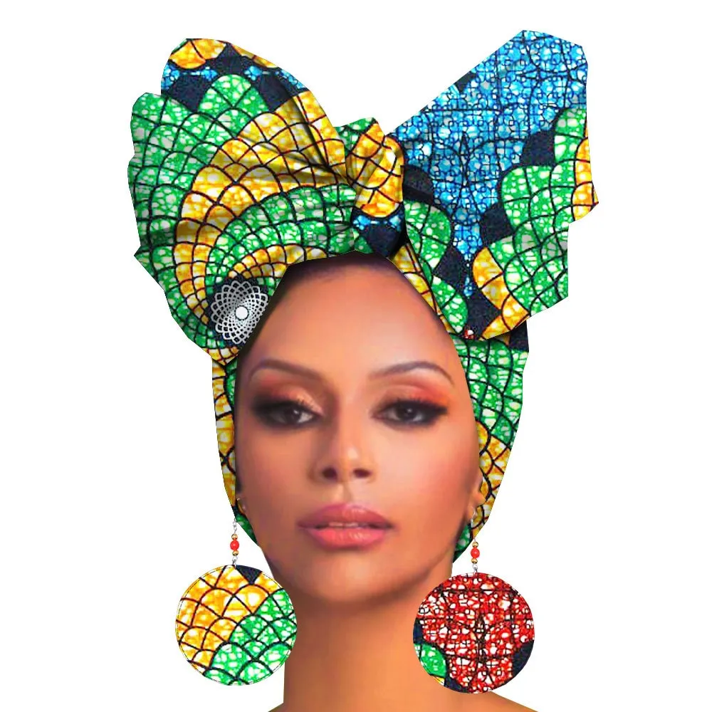Fashion Printed Cotton Turban Exaggerated Earrings - V-55X180Cm