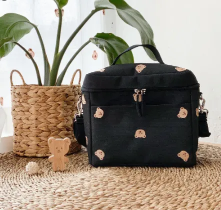 Embroidered Bear Insulated Baby Stroller Storage Bag Black - Shop at LoveMi
