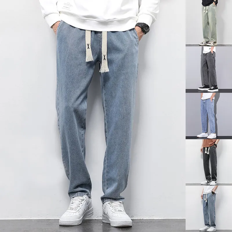 Summer Loose Wide Leg Jeans Pants Men Fashion Drawstring