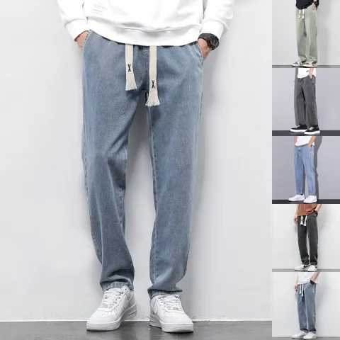 Summer Loose Wide Leg Jeans Pants Men Fashion Drawstring
