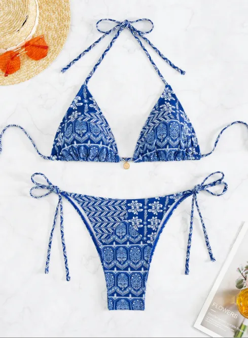 Split Bikini Printing Stitching Bandage Swimsuit Picture Color Xs - Shop at LoveMi