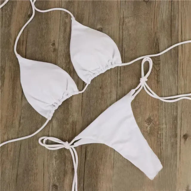 Halterneck Lace up Bikini Women Summer Solid Color Sexy Split Strap Adjustable Swimsuit Suit White - Shop at LoveMi