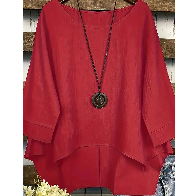 Summer Fashion Plus Size Round Neck Pocket Solid Colour Irregular T-shirt Women Blouse - Deep Red - View 1