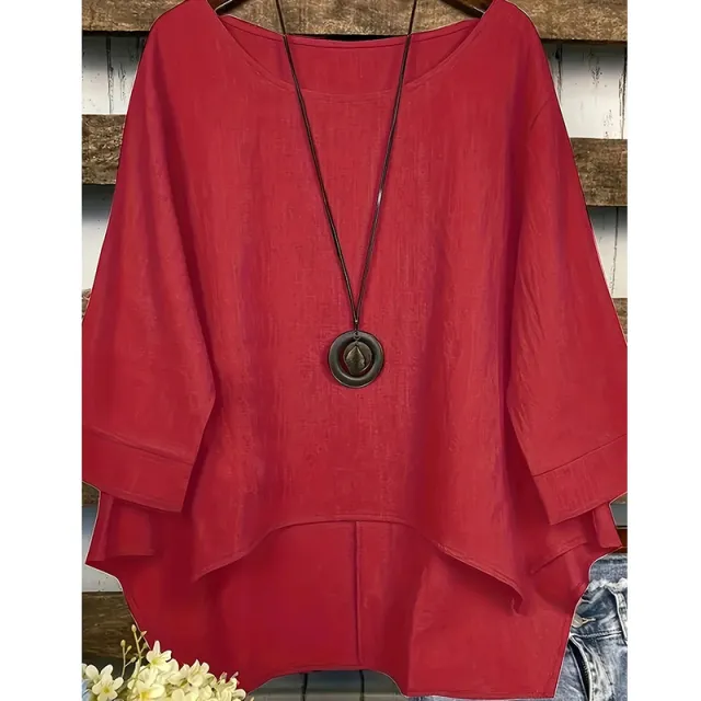 Summer Fashion Plus Size Round Neck Pocket Solid Color Irregular T shirt Women Blouse Deep Red - Shop at LoveMi