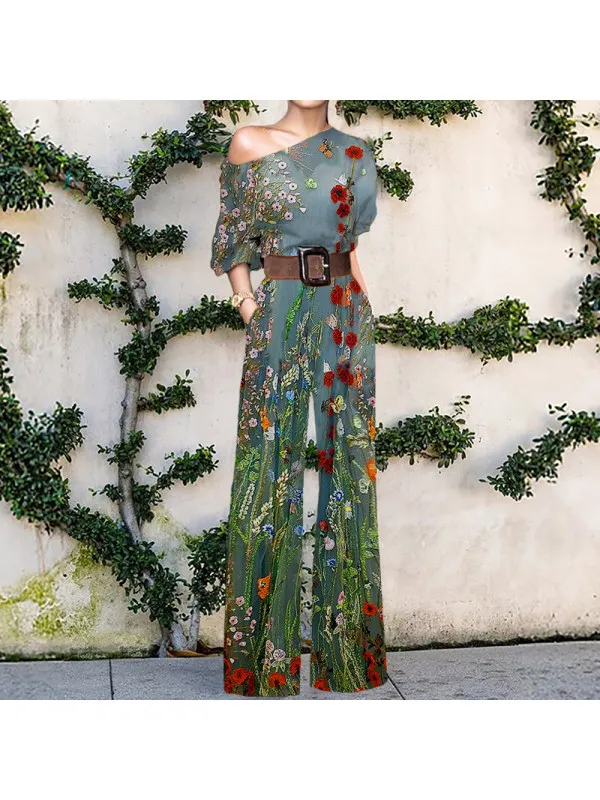European American Fashion Floral Print One shoulder High Waist Jumpsuit For Women New Color2 - Shop at LoveMi