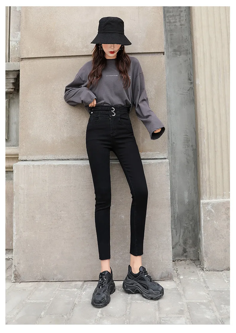 Double Breasted Stretch Tight Belly Trimming Slimming Ankle Tight Pants Cotton - Black Trousers