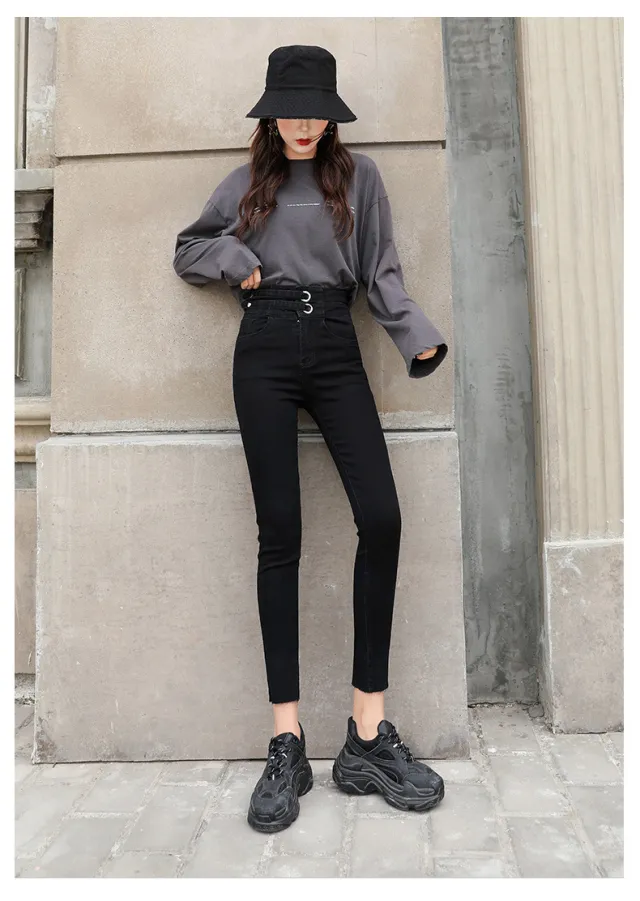 Double Breasted Stretch Tight Belly Trimming Slimming Ankle Tight Pants Cotton Black Trousers - Shop at LoveMi