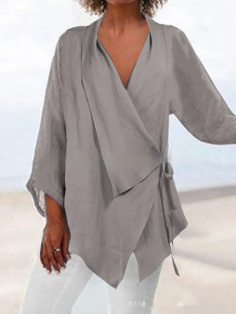 Pure Color Tied Irregular Hem Cotton Linen Women's Casual Top - Gray