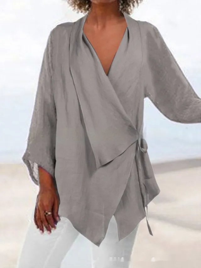 Pure Color Tied Irregular Hem Cotton Linen Women's Casual Top Gray - Shop at LoveMi
