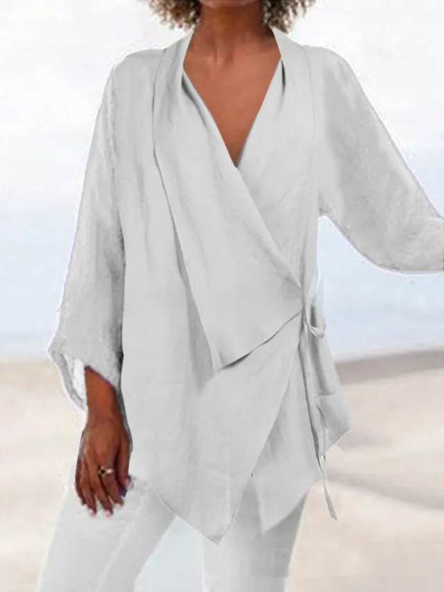 Pure Color Tied Irregular Hem Cotton Linen Women's Casual Top White - Shop at LoveMi