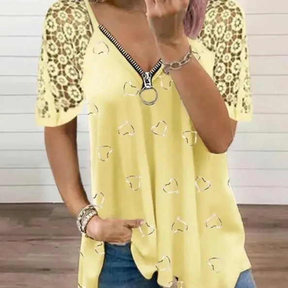 Women's Heart-shaped Pattern Lace Zipper Design T-shirt - Lemon Yellow