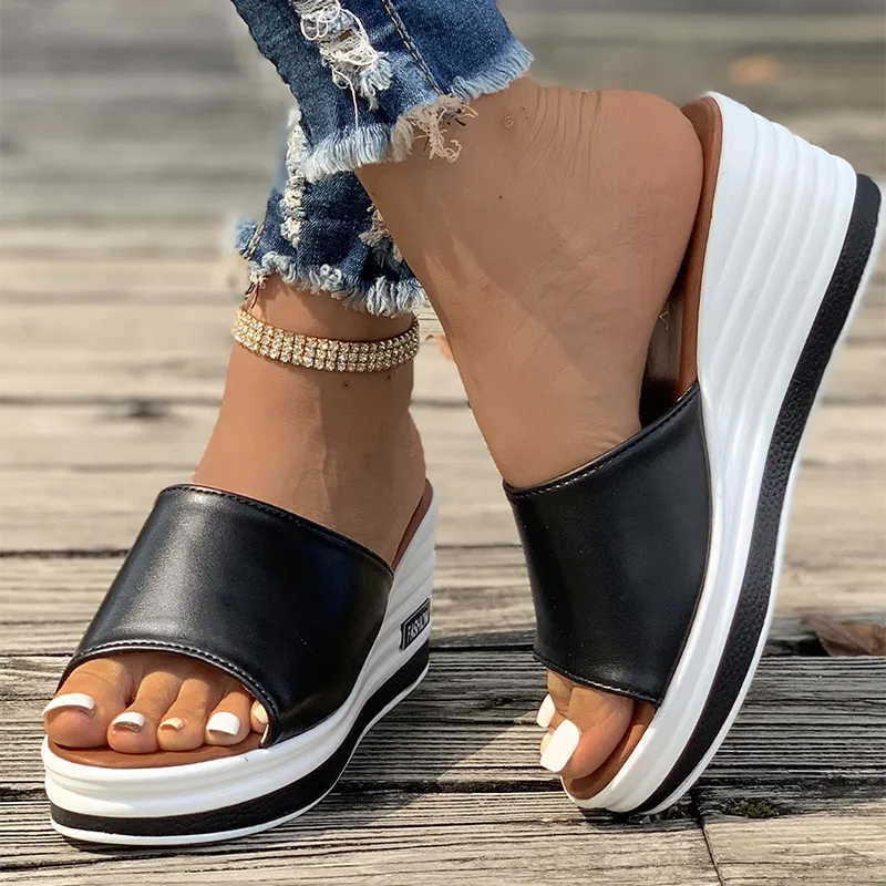 Fish Mouth Wedges Sandals Summer Fashion Hollow Design High Heels Slides Slippers Casual Beach Shoes For Women - Black