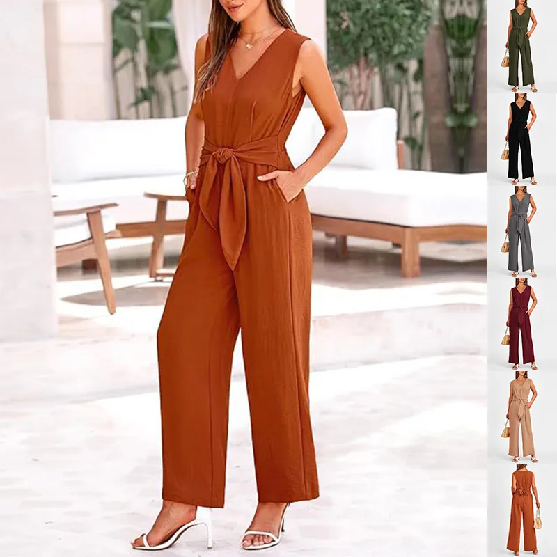 New V-neck Sleeveless Long Jumpsuit with Pockets and Lace-up