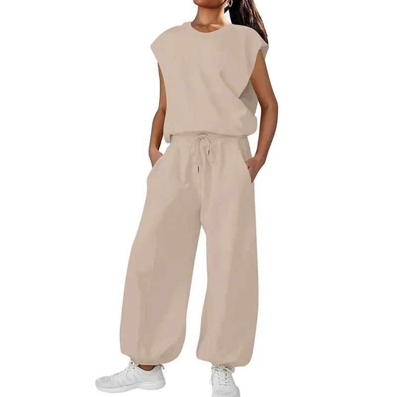 Summer Loose Sleeveless Long Jumpsuit With Backless Design Fashion Elastic Waist And Pockets Straight Jumpsuit Womens Clothing - Oatmeal