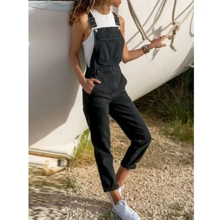 Women's solid color denim overalls - Black