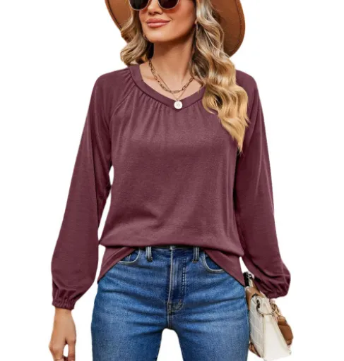 Elegant Lace Collar Long Sleeve Solid Color Top Fuchsia L - Shop at LoveMi