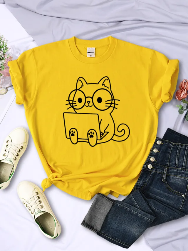 European And American Digital Printing Casual Short sleeved T shirt Yellow - Shop at LoveMi