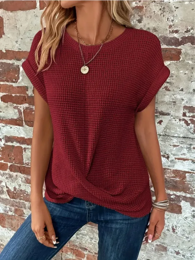 Short sleeved Waffle T shirt Summer New Solid Color Crew Neck Top For Womens Clothing Wine Red - Shop at LoveMi