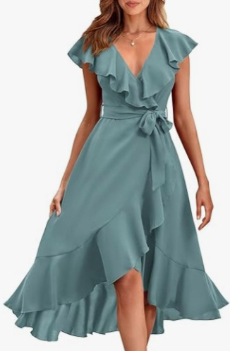 Women's V-neck Short Sleeve Ruffles Long Tie Dress