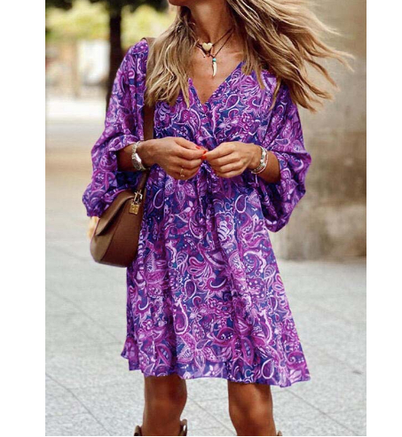 New Printed Long Sleeve A-Line Boho Dress