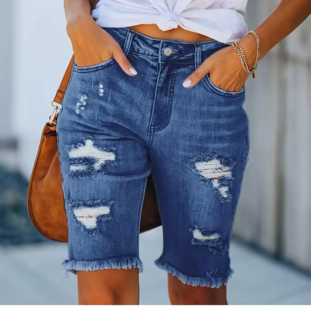 Summer Mid-waist Slim-fit Cropped Pants Ripped Tassel Jeans
