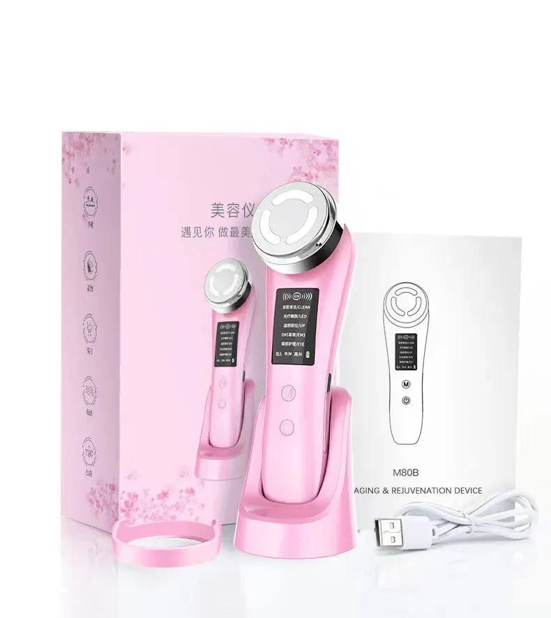 Household Color Light Beauty Instrument Micro-current Facial Massage Cleaning - Five Modes Pink English