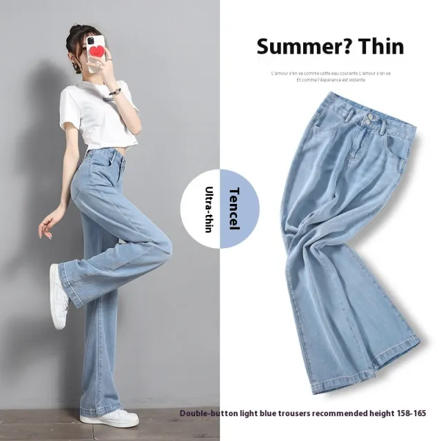 Draping Effect Jeans Women's Thin High Waist Straight Ice Silk Wide leg Pants Light Blue 160 Cmto165Cm - Shop at LoveMi