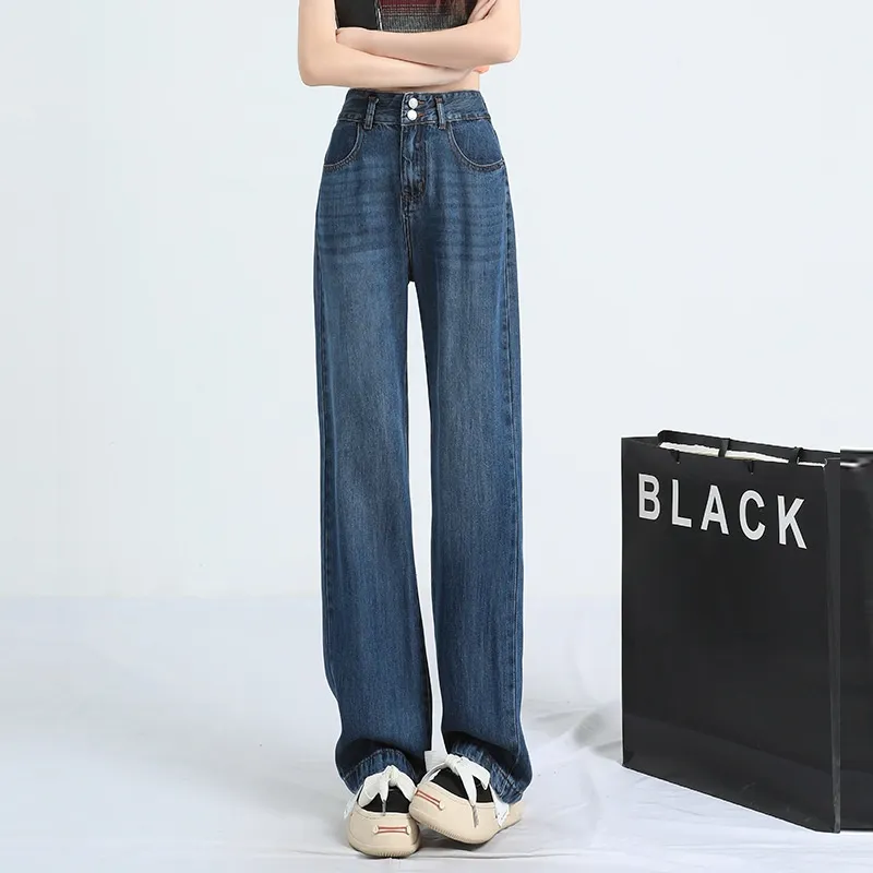Draping Effect Jeans Women's Thin High Waist Straight Ice Silk Wide-leg Pants - Vintage Blue Over 165Cm