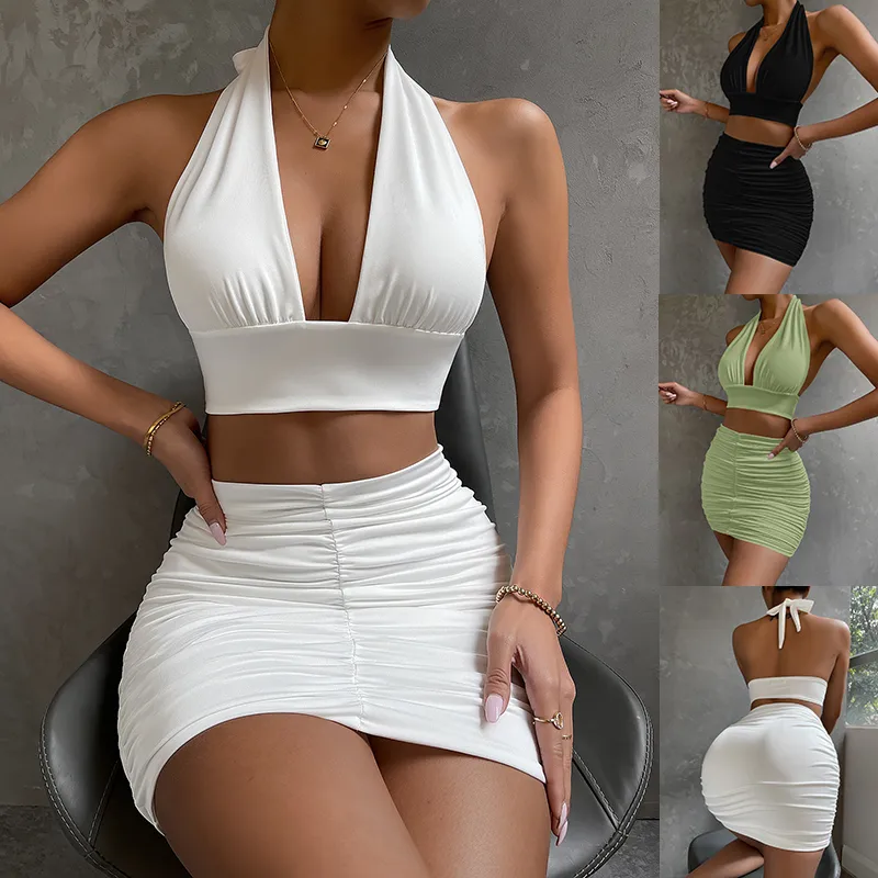 2pcs Dress Suits for Women Halter Lace-up Hip Top