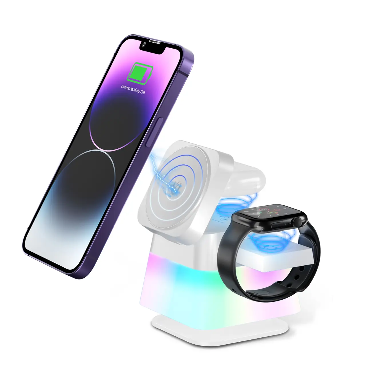 4 in 1 Rotatable Colorful Lighting Wireless Charger Stand for Phone 15 14 13 12